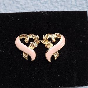 Vintage Avon Breast Cancer Pink Ribbon Enamel Heart Floral Pierced Earrings, NIB